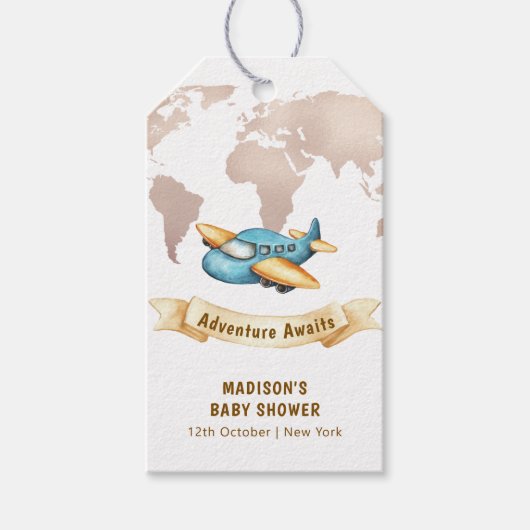 Modern Adventure World Map Airplane Baby Shower  Geschenkanhänger (Vorderseite)