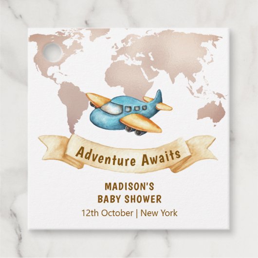 Modern Adventure World Map Airplane Baby Shower  Geschenkanhänger (Vorderseite)