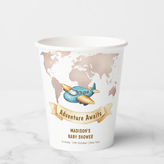 Modern Adventure World Map Airplane Baby Shower Pappbecher (Vorderseite)