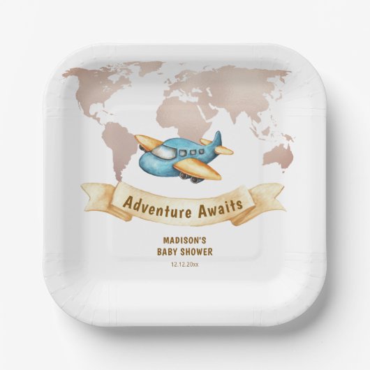 Modern Adventure World Map Airplane Baby Shower  Pappteller (Vorderseite)