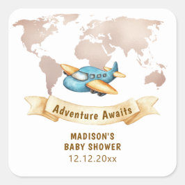 Modern Adventure World Map Airplane Baby Shower  Quadratischer Aufkleber