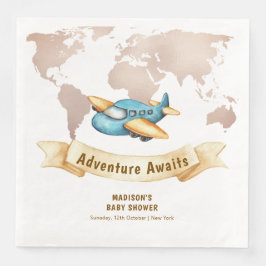 Modern Adventure World Map Airplane Baby Shower  Serviette