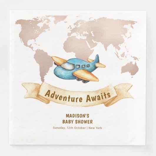 Modern Adventure World Map Airplane Baby Shower  Serviette (Vorderseite)