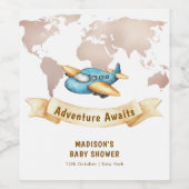 Modern Adventure World Map Airplane Baby Shower  Weinetikett (Einzelnes Label)