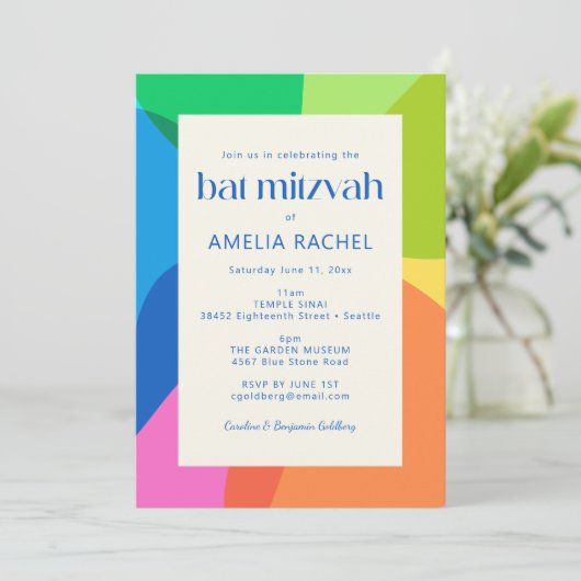 Modern Aesthetic Bat Mitzvah Colorful Geometric Einladung (Stehend Vorderseite)