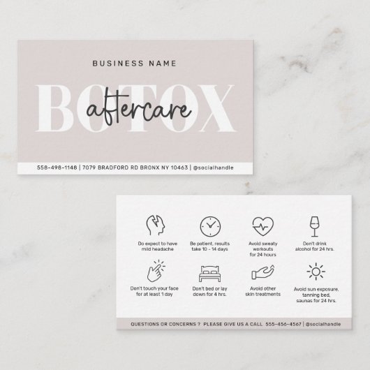 Modern Aftercare Botox Instructions Business Card Visitenkarte (Vorne/Hinten)