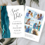 Modern Agate Aquamarin Silver 5-Foto Save the Date Einladung<br><div class="desc">Diese elegante, moderne Save the Date-Karte verfügt über einen aquamarinen blauen Aquarellstreifen, der mit Imitaten silbernen Glitzer bestickt ist. Der anpassbare Text ist kohlegrau auf einem weißen Hintergrund. Ersetzen Sie die fünf Beispielbilder auf der Kartenrückseite einfach durch Ihre Fotos, und fügen Sie einen kurzen Text mit zusätzlichen Informationen (z. B....</div>