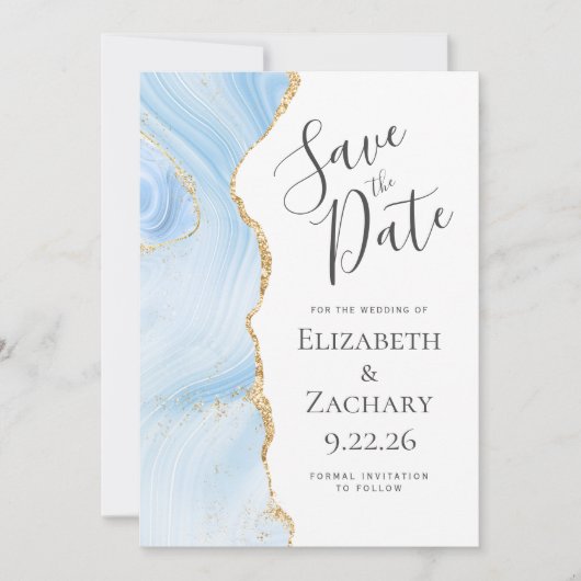 Modern Agate Baby Blue Gold Save the Date Card Einladung (Vorderseite)