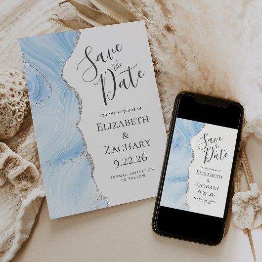 Modern Agate Baby Blue Silver Save the Date Card Einladung