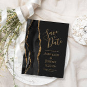 Modern Agate Black Gold Dark Save the Date Postkarte