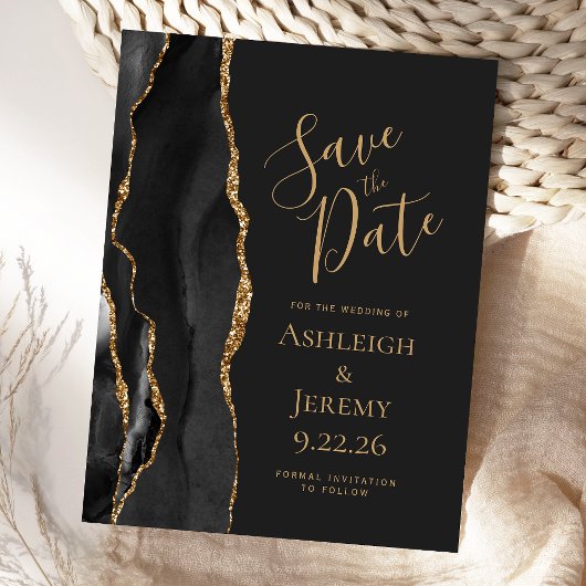 Modern Agate Black Gold Dark Save the Date Postkarte