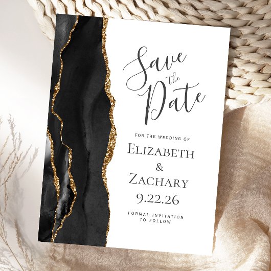 Modern Agate Black Gold Save the Date Ankündigungspostkarte