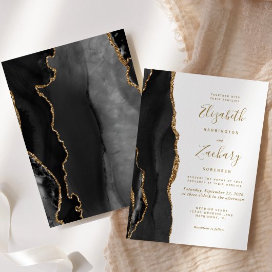 Modern Agate Black Gold Wedding Einladung