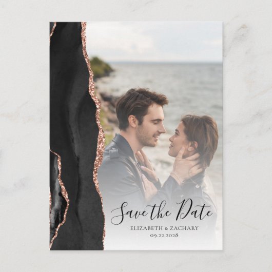 Modern Agate Black Rose Gold Save the Date Ankündigungspostkarte (Vorderseite)