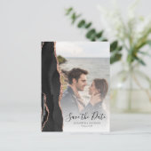 Modern Agate Black Rose Gold Save the Date Ankündigungspostkarte (Stehend Vorderseite)