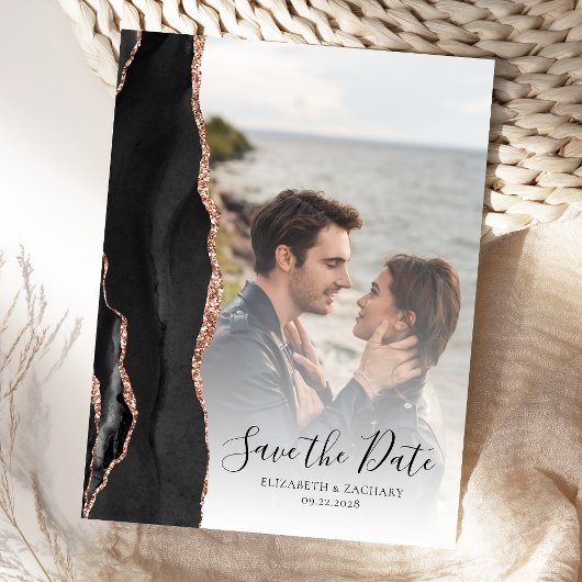 Modern Agate Black Rose Gold Save the Date Ankündigungspostkarte
