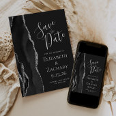 Modern Agate Black Silver Dark Save the Date Ankündigung