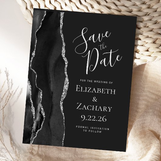 Modern Agate Black Silver Dark Save the Date Ankündigungspostkarte