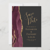 Modern Agate Burgundy Gold Dark Save the Date Ankündigung (Vorderseite)