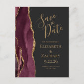 Modern Agate Burgundy Gold Dark Save the Date Ankündigungspostkarte (Vorderseite)