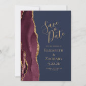 Modern Agate Burgundy Gold Navy Blue Save the Date Ankündigung (Vorderseite)