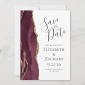 Modern Agate Burgundy Gold Save the Date Card Einladung (Vorderseite)