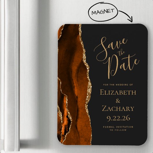 Modern Agate Burnt Orange Gold Dark Save the Date Magnet