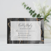 Modern Agate Frame Black Gold Wedding RSVP Karte (Stehend Vorderseite)