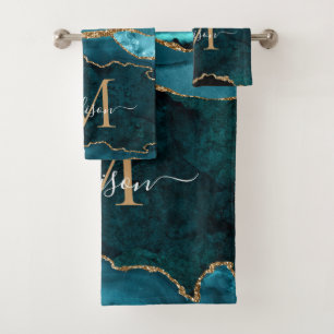 Modern Agate Geode Aquamarin Green Gold Monogram S Badhandtuch Set