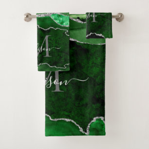 Modern Agate Geode Green Silver Monogram Script Badhandtuch Set