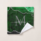 Modern Agate Geode Green Silver Monogram Script Badhandtuch Set (Waschlappen)