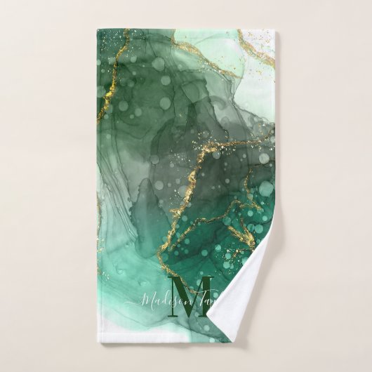 Modern Agate Geode Sea Green Gold Monogramm Script Badhandtuch Set (Handtuch)