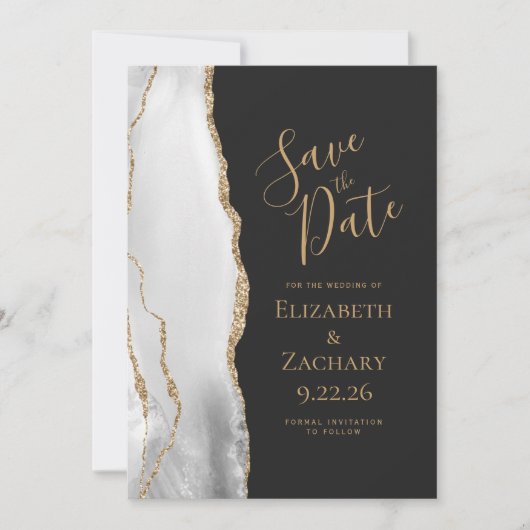 Modern Agate Gray White Gold Dark Save the Date Ankündigung (Vorderseite)