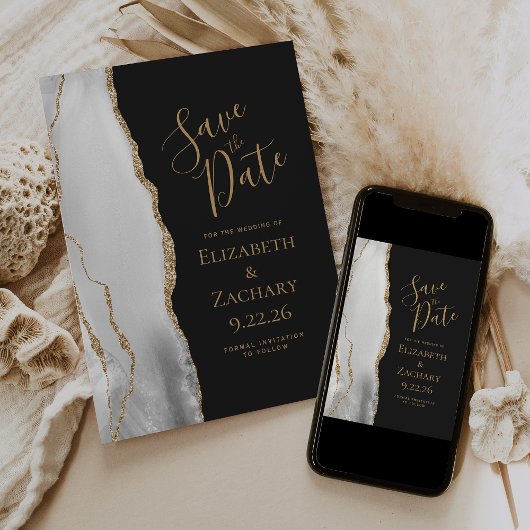 Modern Agate Gray White Gold Dark Save the Date Ankündigung