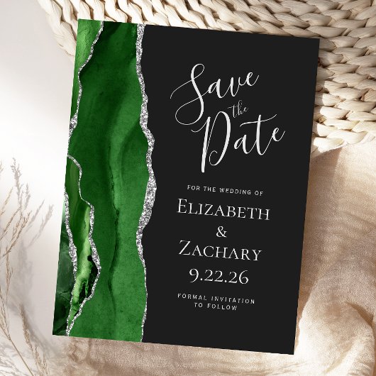 Modern Agate Green Silver Dark Save the Date Ankündigungspostkarte