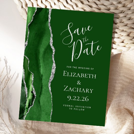 Modern Agate Hunter Green Silver Save the Date Ankündigungspostkarte