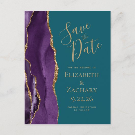 Modern Agate Lila Gold Save the Date Aquamarin Ankündigungspostkarte (Vorderseite)