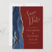 Modern Agate Navy Blue Gold Burgundy Save the Date Einladung (Vorderseite)