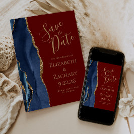 Modern Agate Navy Blue Gold Burgundy Save the Date Einladung