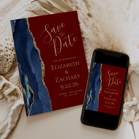 Modern Agate Navy Blue Gold Burgundy Save the Date Einladung