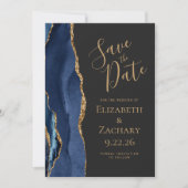 Modern Agate Navy Blue Gold Dark Save the Date Einladung (Vorderseite)