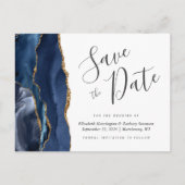 Modern Agate Navy Blue Gold Save the Date Ankündigungspostkarte (Vorderseite)