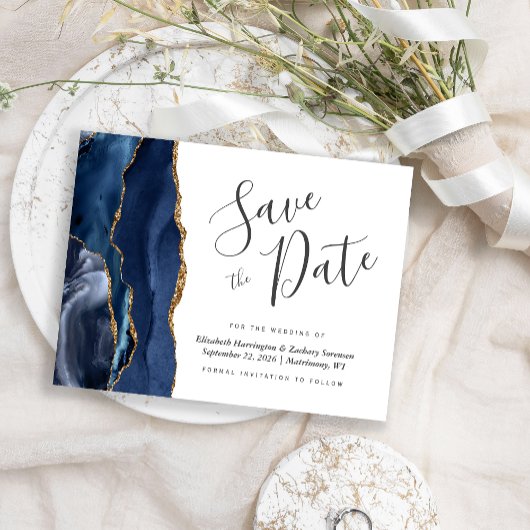 Modern Agate Navy Blue Gold Save the Date Ankündigungspostkarte