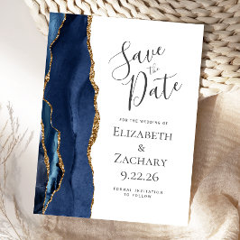 Modern Agate Navy Blue Gold Save the Date Ankündigungspostkarte