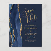 Modern Agate Navy Blue Gold Save the Date Ankündigungspostkarte (Vorderseite)