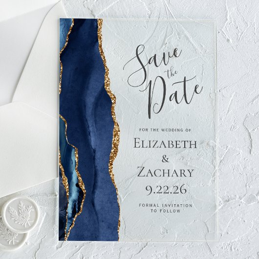 Modern Agate Navy Blue Gold Save the Date Card Acryleinladungen