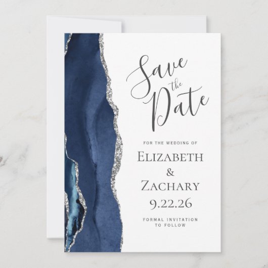 Modern Agate Navy Blue Silver Save the Date Card Einladung (Vorderseite)