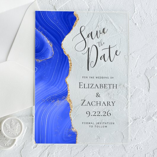 Modern Agate Royal Blue Gold Save the Date Acryleinladungen
