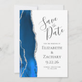 Modern Agate Royal Blue Silver Save the Date Card Einladung (Vorderseite)
