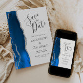 Modern Agate Royal Blue Silver Save the Date Card Einladung